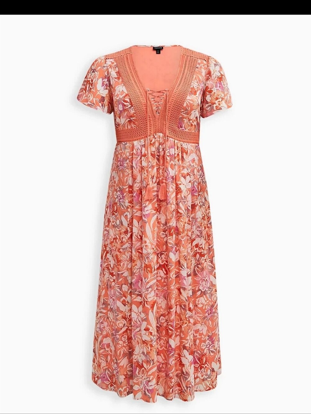 Torrid Crinkle Gauze Lace Up Floral Corset Crochet Maxi Dress Coral Pink Sz 1 1x